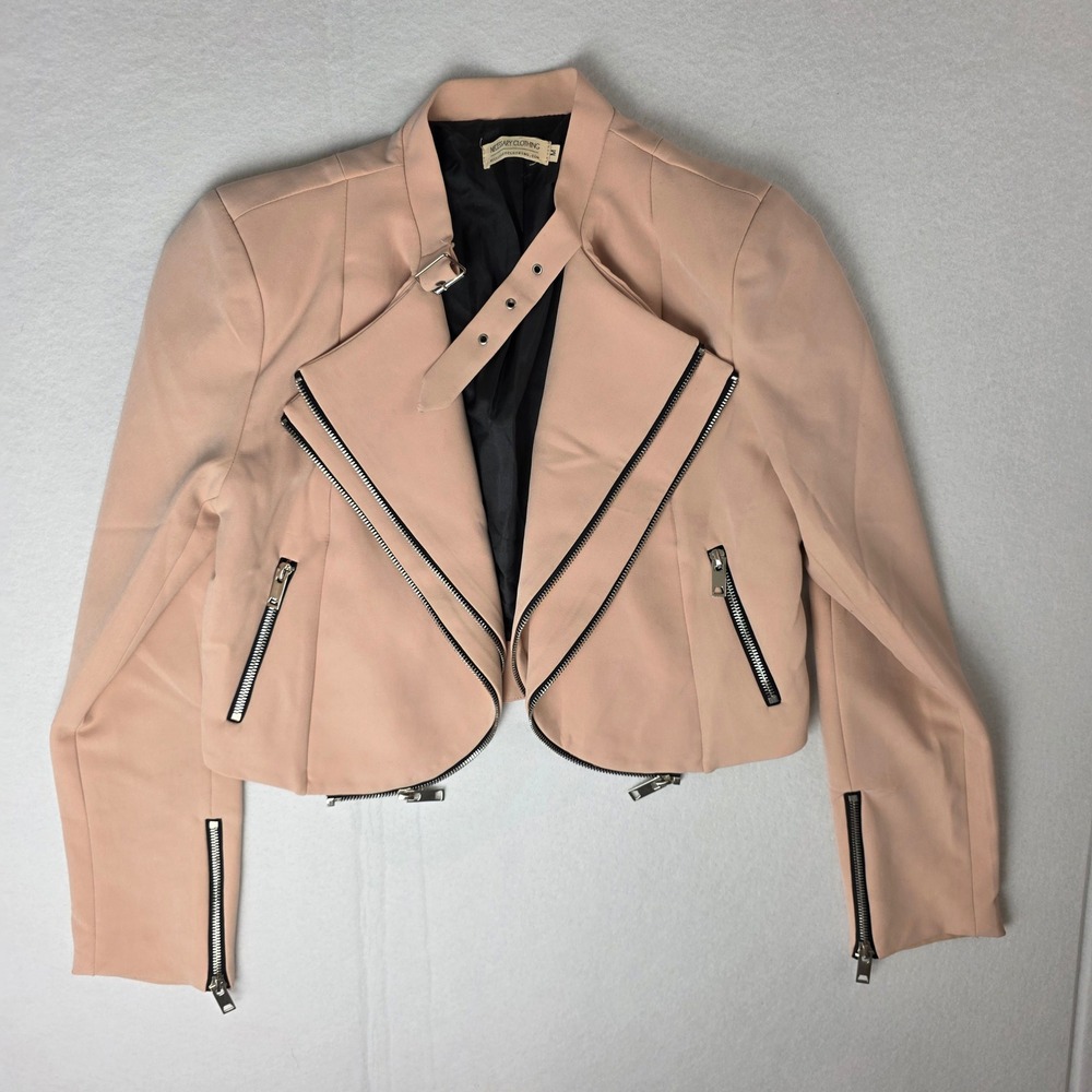 Necessary Clothing Blush Pink Cropped Moto Biker Jacket Buckle Neck
